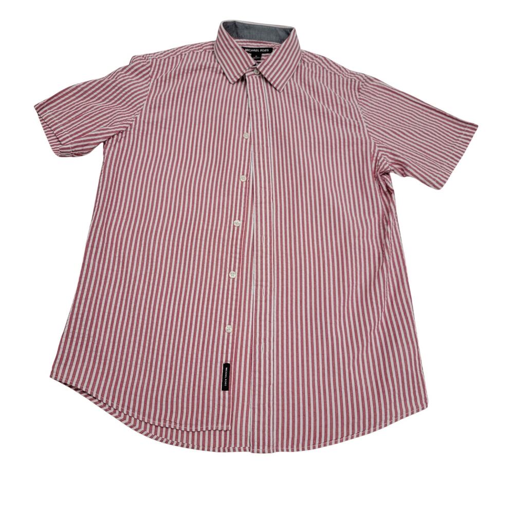 Michael Kors Mens Medium Red White Striped Short Sleeve Button Down Shirt